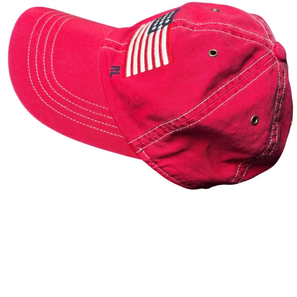 Polo Ralph Lauren Baseball Hat Cap Red USA Flag Emboidered Leather Strap